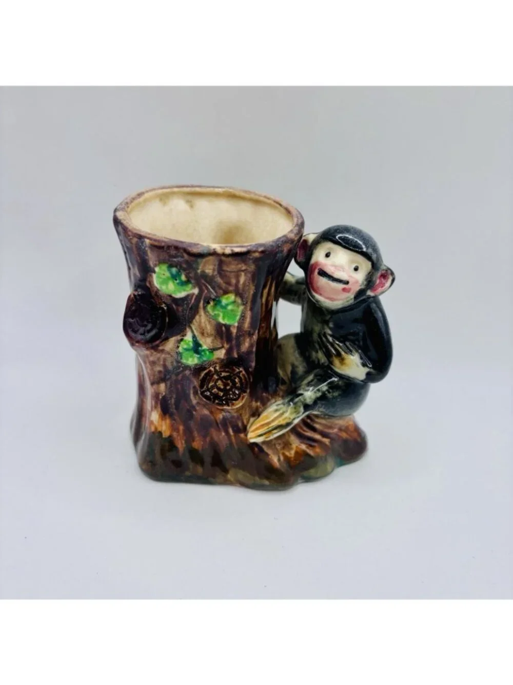 Vintage Porcelain Figurine Planter, Cute Monkey on Brown Tree Stump. RARE!